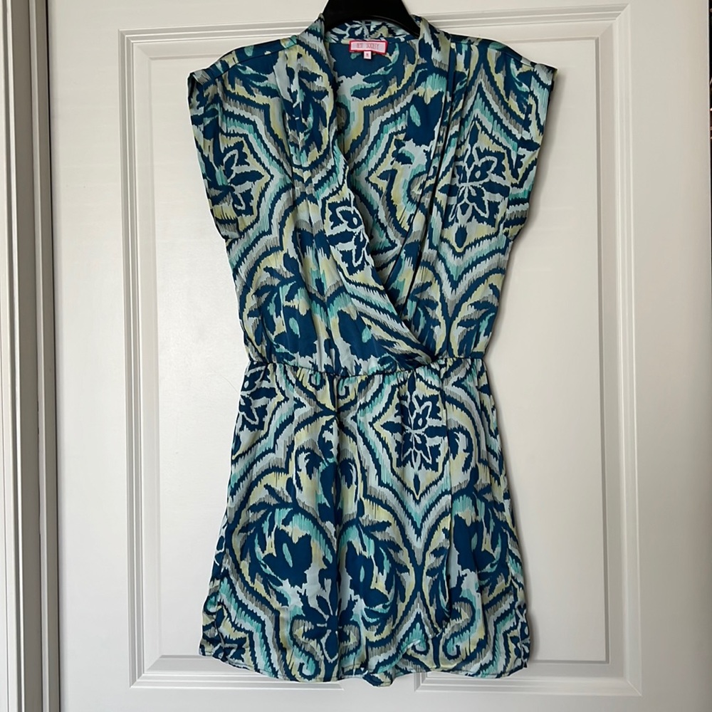Fun summer dress with blue, teal and yellow pattern